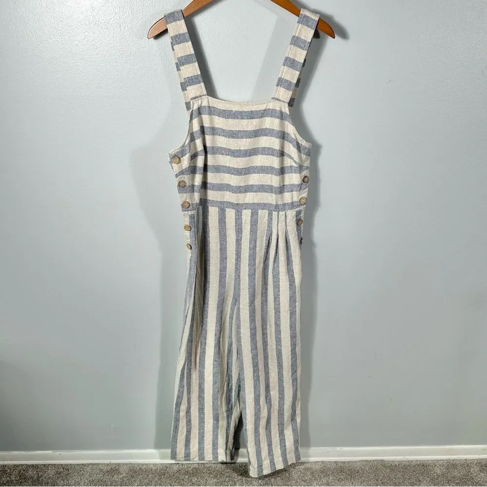 Altar'd State Cream and Blue Sleeveless Striped Linen-Blend Jumpsuit Size Medium
